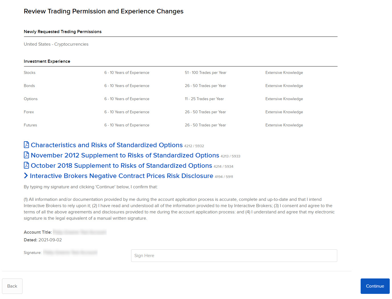 The review page for trading permissions and experience changes in client portal. 